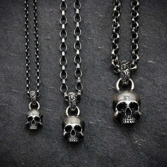 Close-up of Sterling Silver Skull Pendant detailing.