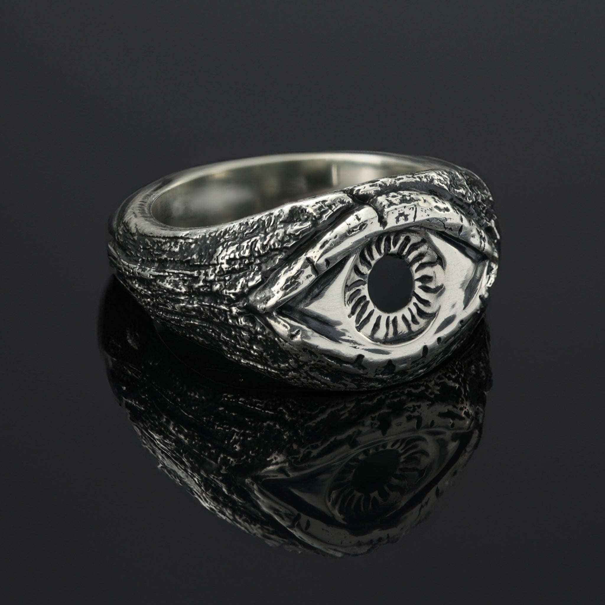 Oxidised antique finish all-seeing eye ring in 925 sterling silver.