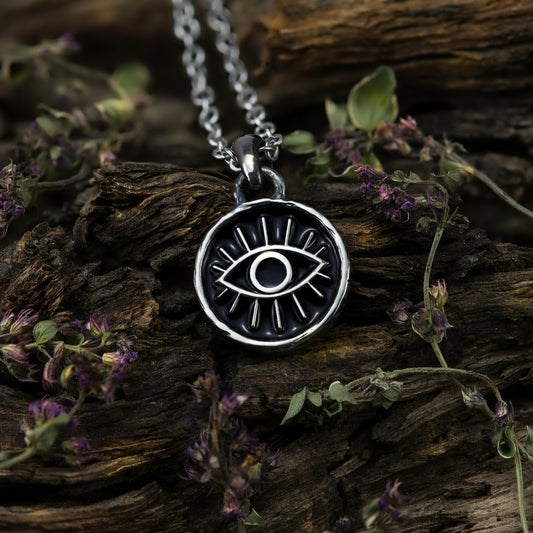 Sterling silver and enamel third eye pendant necklace.