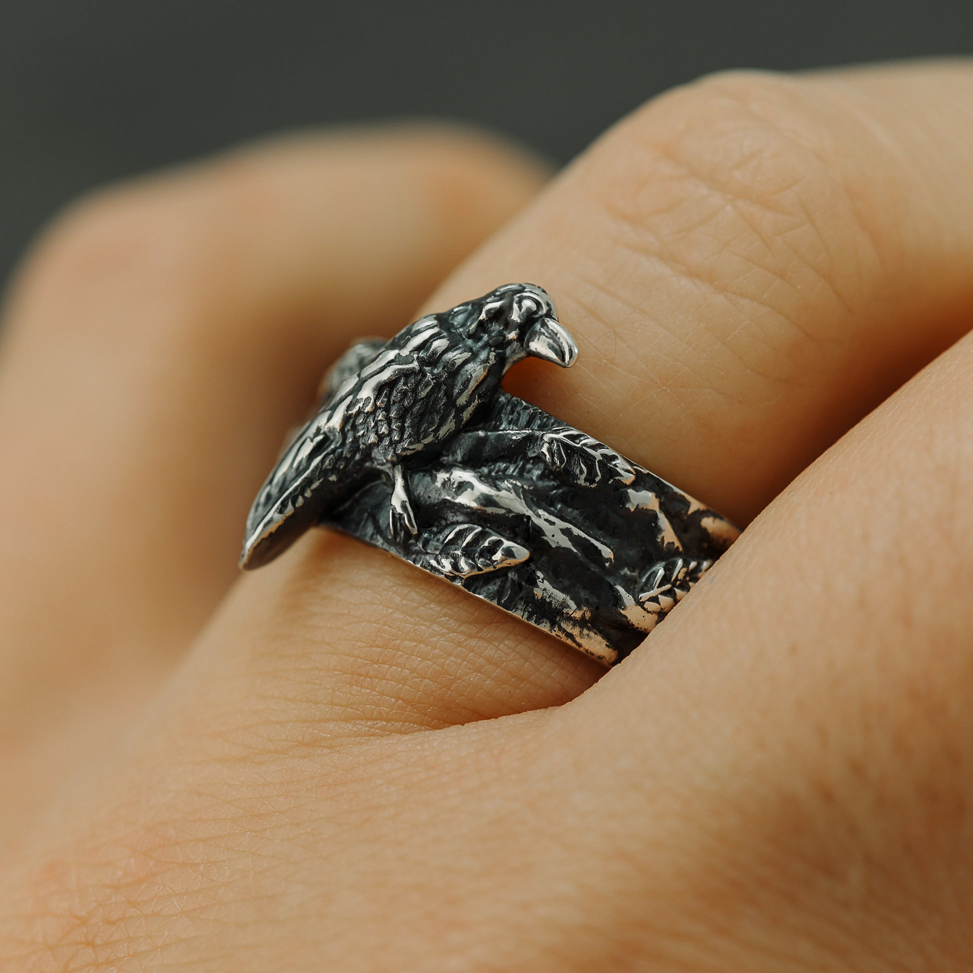 Raven and Twig ring for Men, Women, sterling silver on hand.