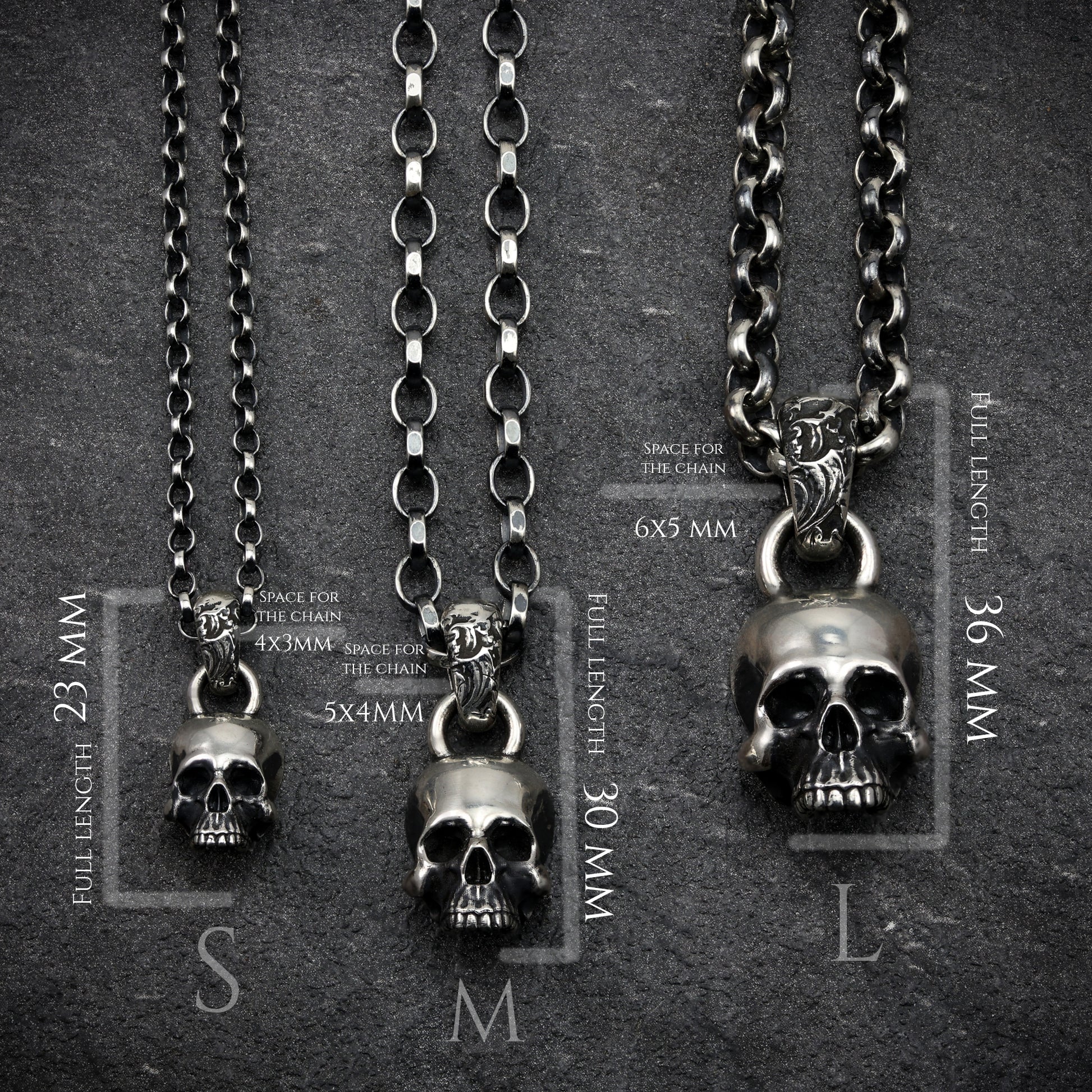 Dimensions measurements for S, M, L size Sterling Silver Skull Pendants.