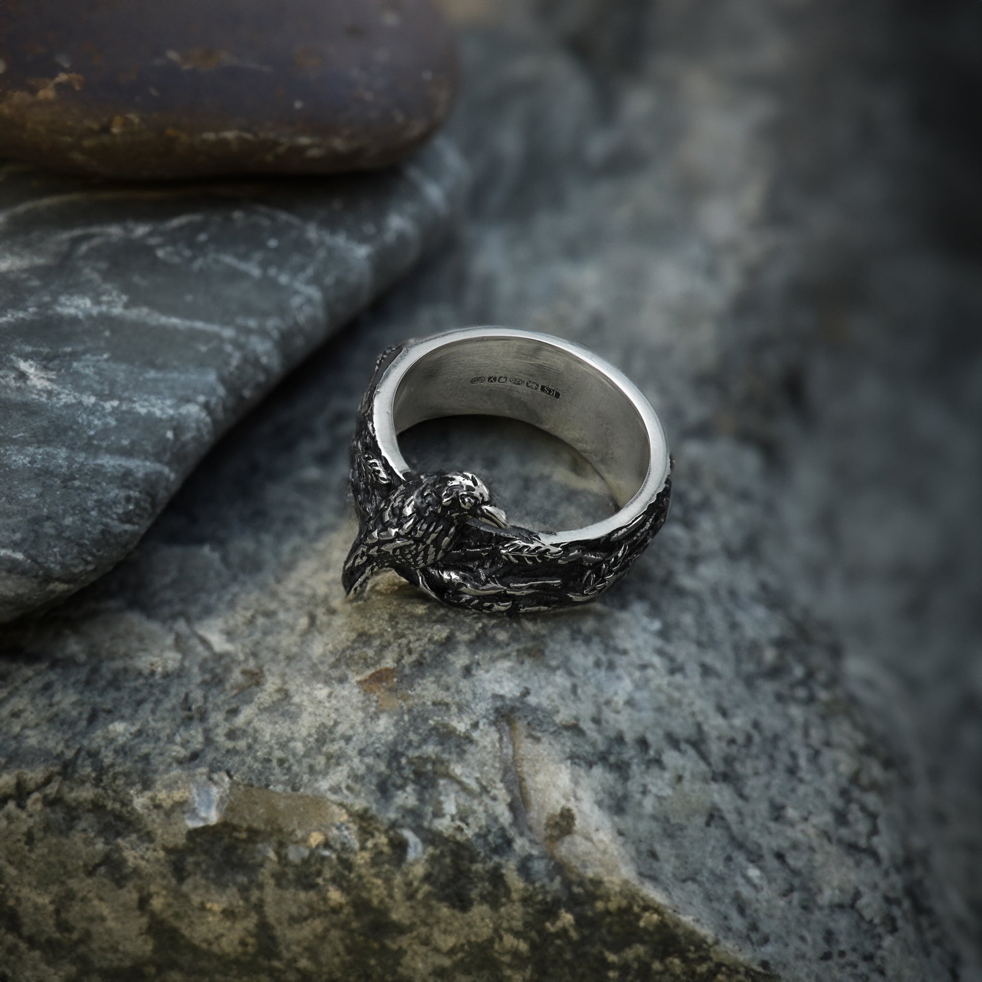 Overhead shot of raven and twig-designed sterling silver ring on textured wooden surface.