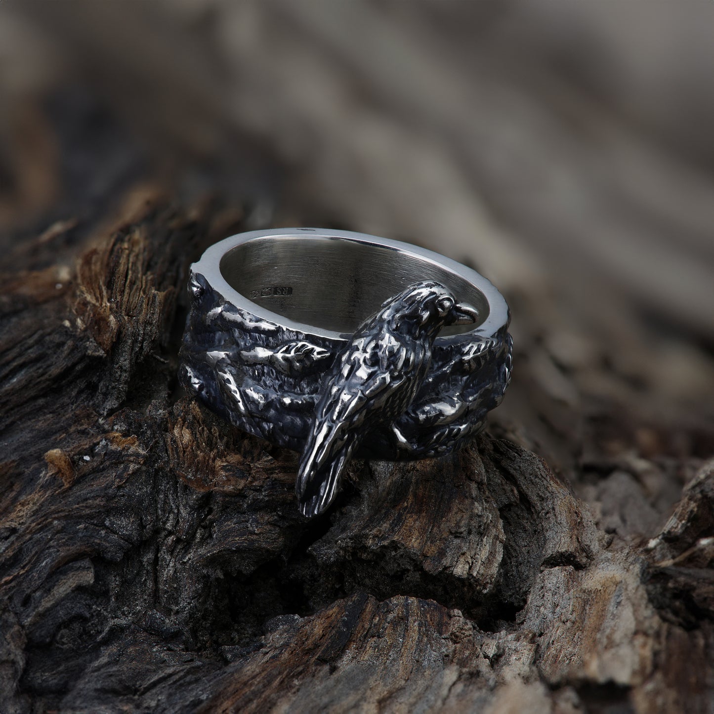 Sterling silver ring's raven feature contrasted with the natural lines and patterns of the wood.