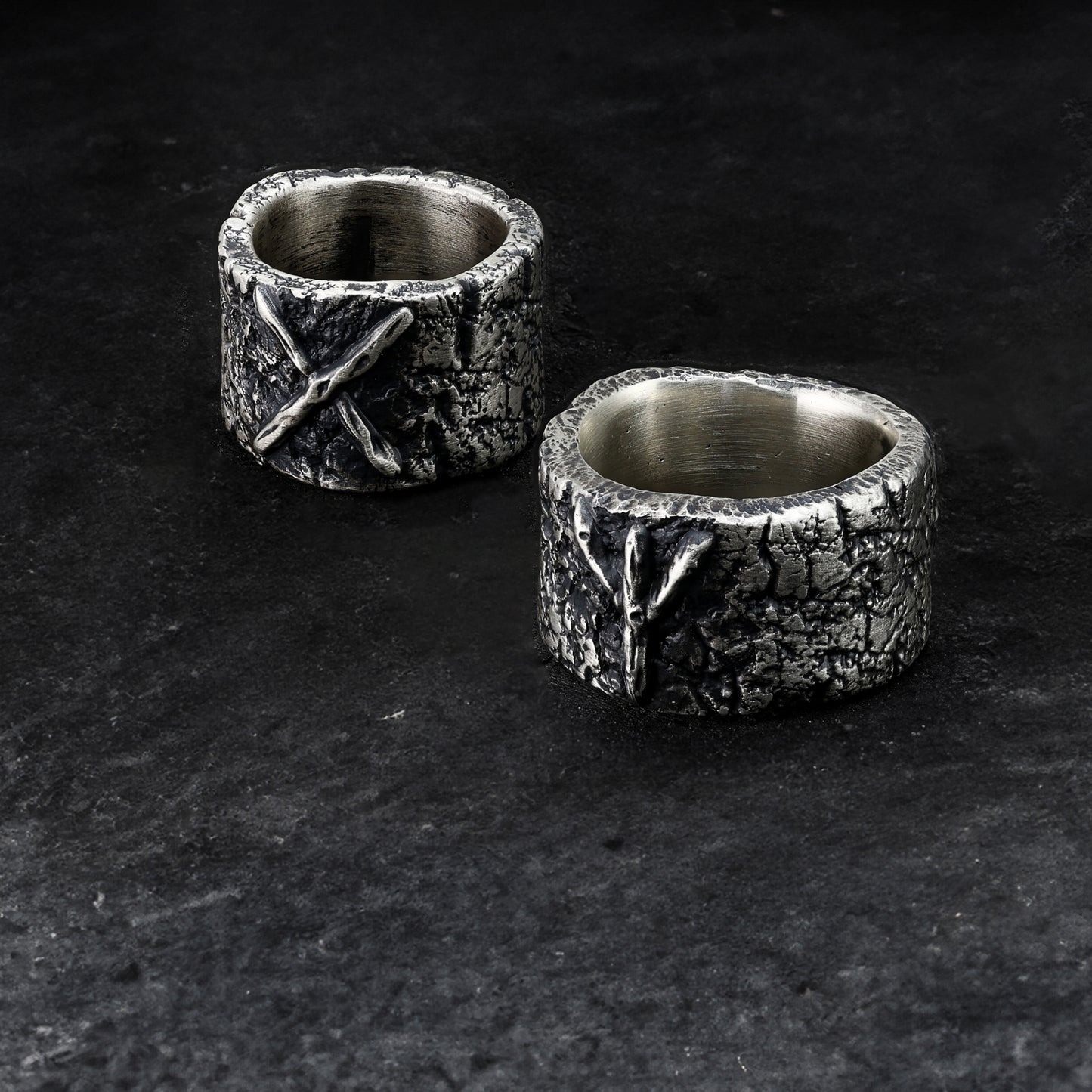 Side view of Sterling Silver Rune Ring highlighting its textured design.