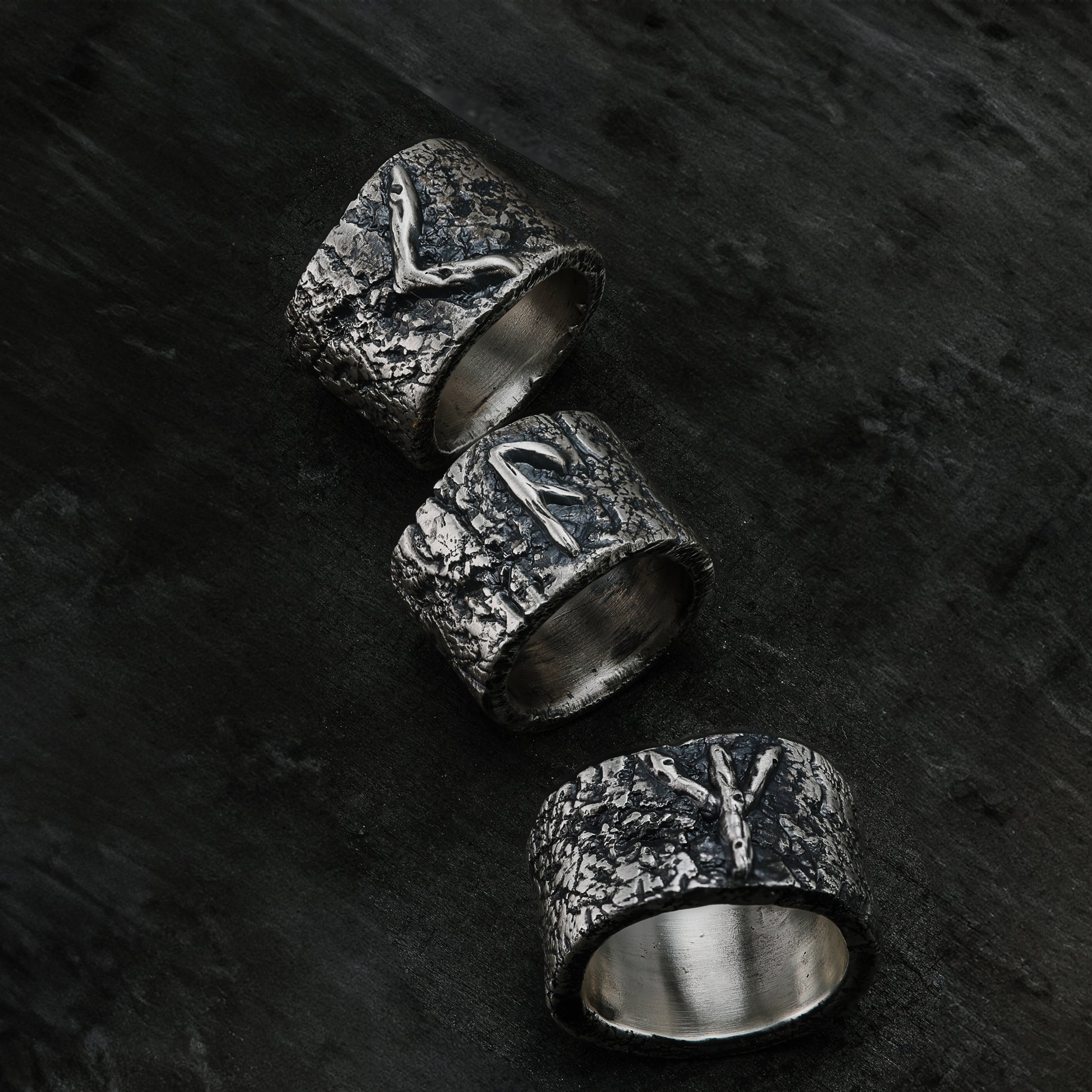 Front view of intricate Elder Futhark Rune symbols on Sterling Silver Ring.