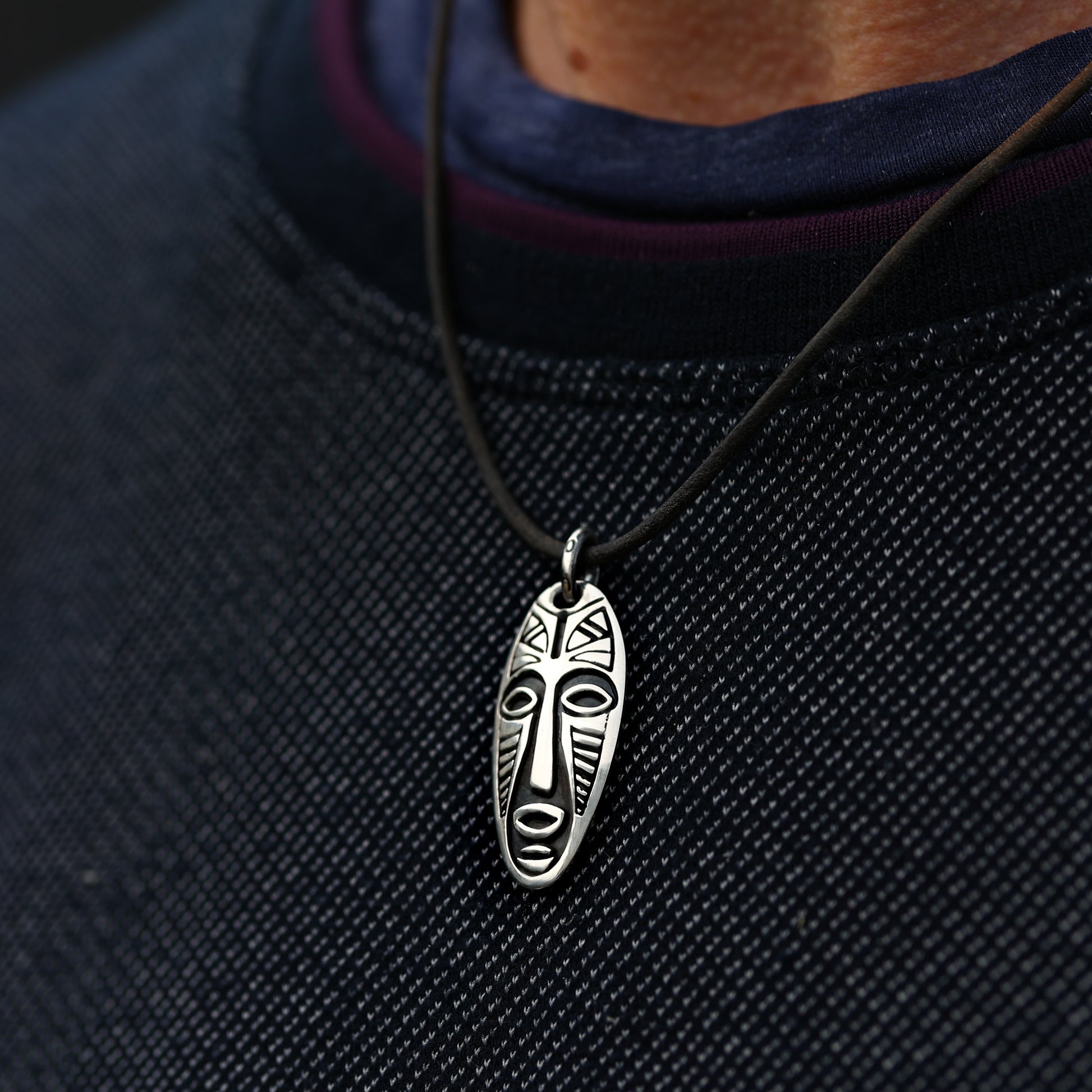 Sterling silver Warrior Mask pendant necklace with a choice of leather cord or silver chain