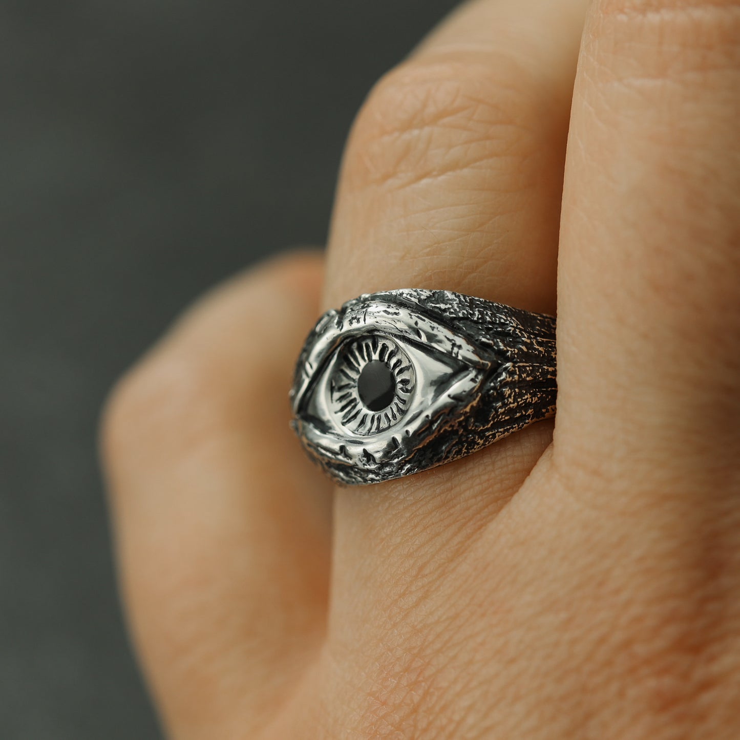 Alternative gothic ring with an all-seeing eye design cast in sterling silver.