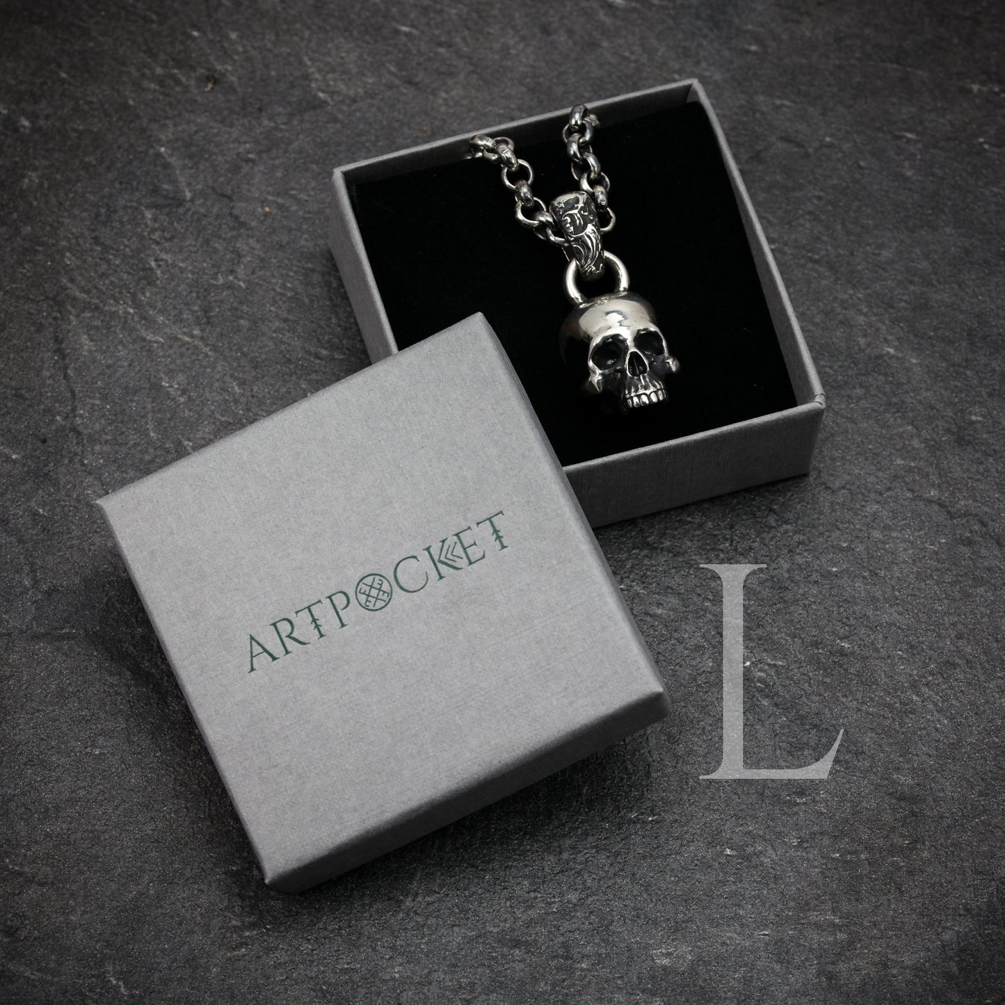 Packaging box for L size Sterling Silver Skull Pendant.