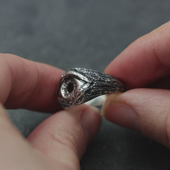 UK made all-seeing eye ring, a symbolic jewellery piece in oxidised silver.