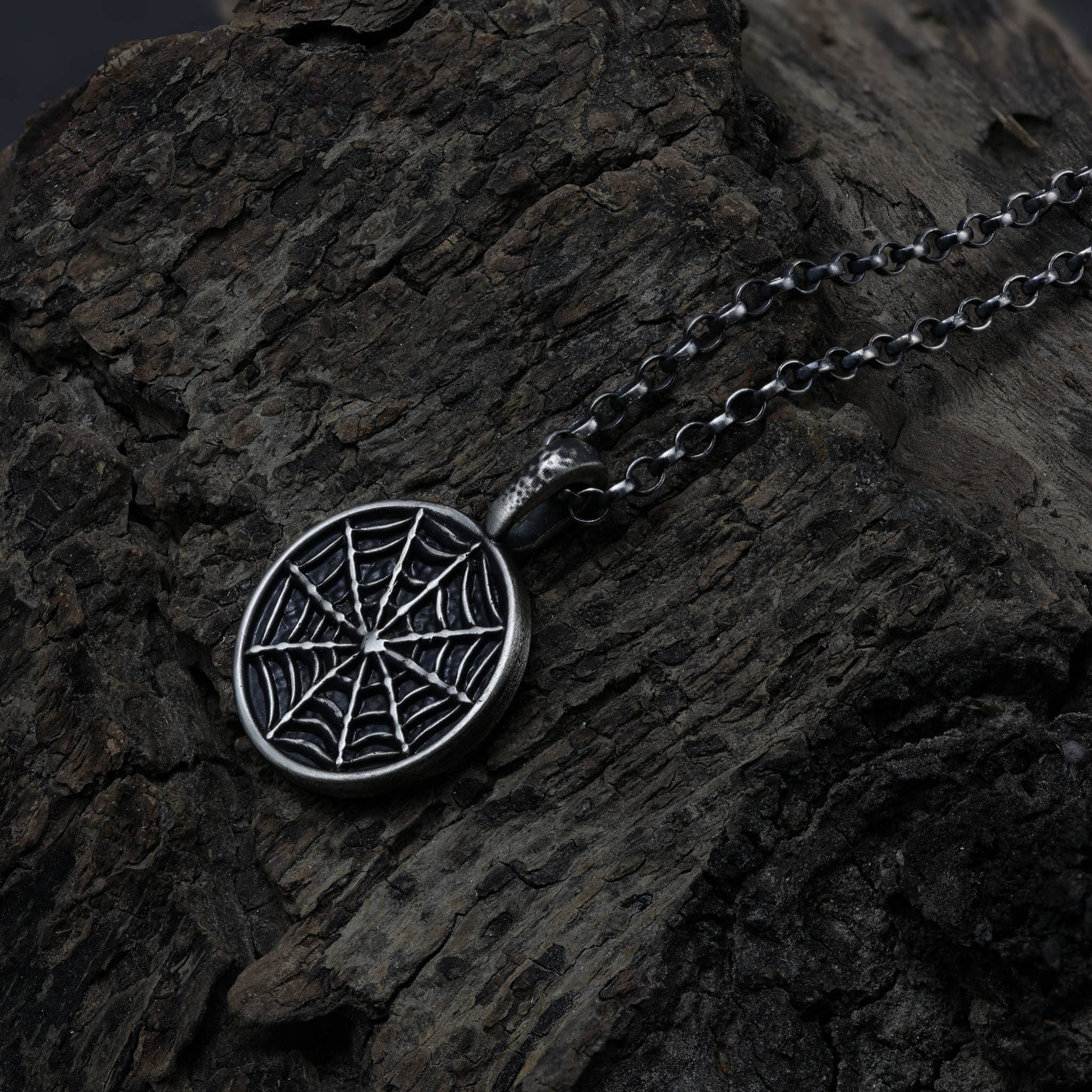 Gothic style spider web necklace made from high-quality sterling silver.