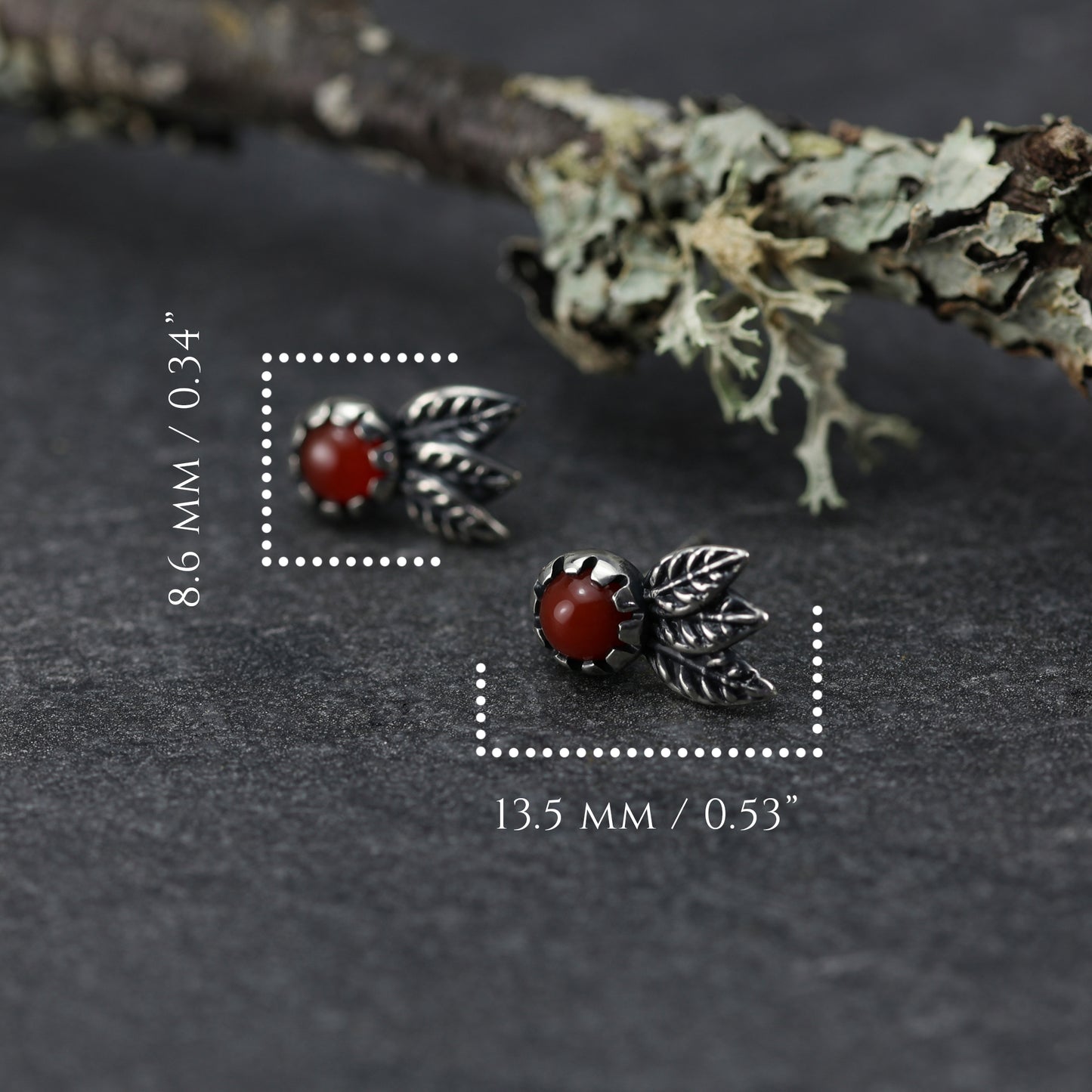 Handmade sterling silver earrings featuring carnelian gemstones and leaf design