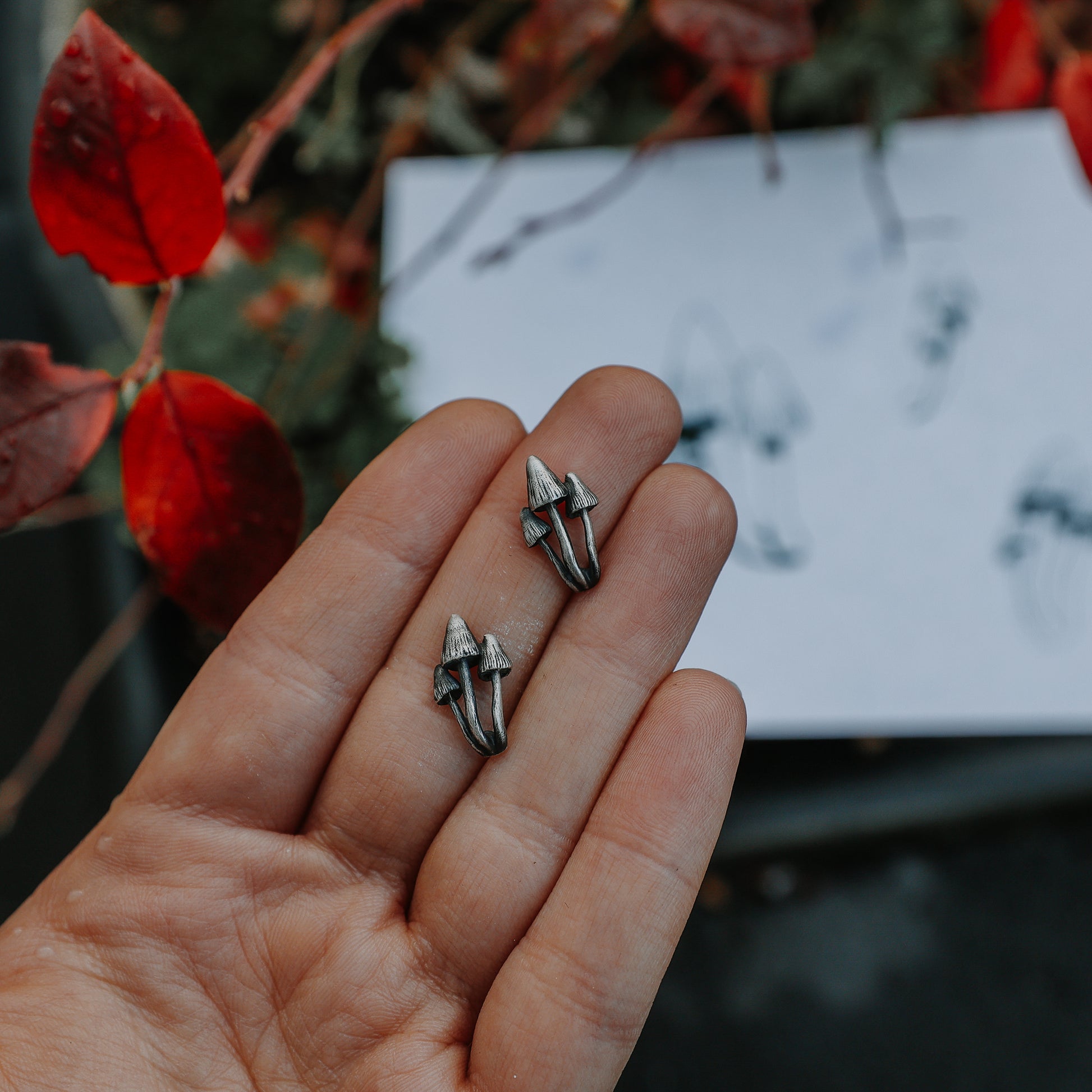 Mushroom earrings sterling silver