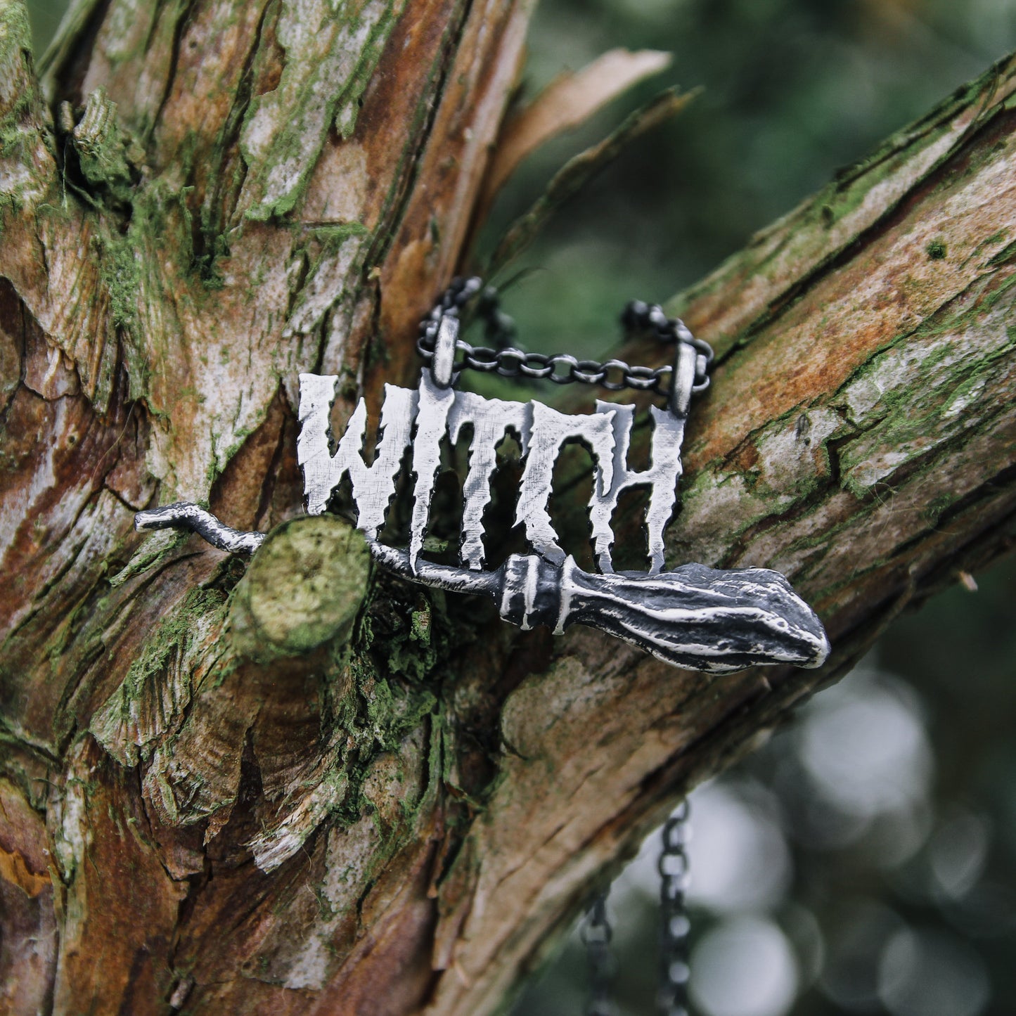 Witches broom besom pendant necklace.